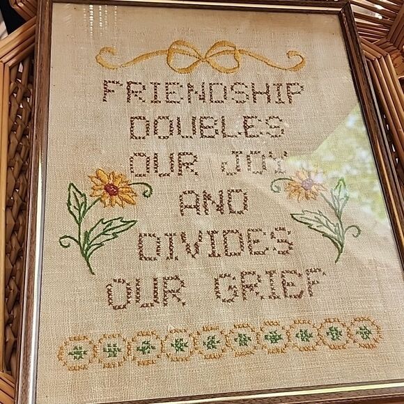 Vintage 60's 70's Embroidered Friendship Quote Framed Wall Art - Picture 1 of 8